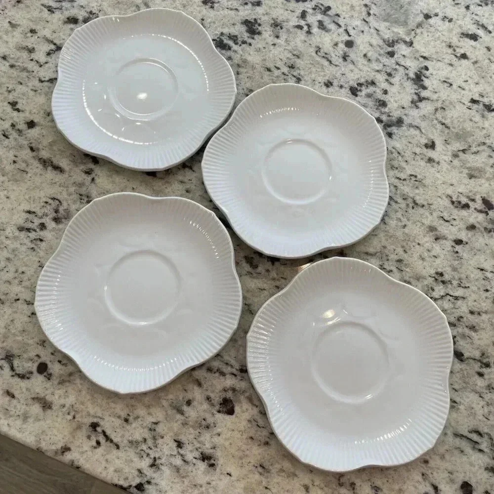 4 Scalloped Saucers - Flower / Shell Shape China Embossed Lines Unmarked Ceramic